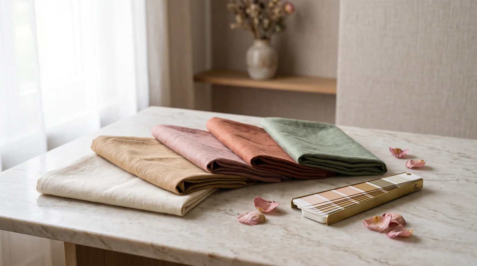 Drappi di tessuto in tonalità rosa, terracotta, cammello, salvia e crema disposti su un piano di marmo, accanto a un ventaglio di campioni colore