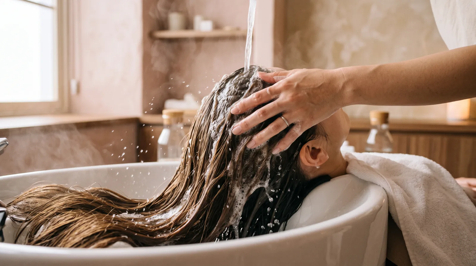 Massaggio del cuoio capelluto durante il lavaggio, in un rituale Head Spa